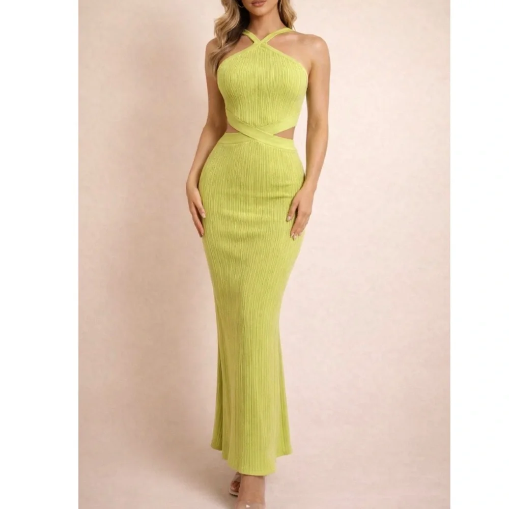 Runaway Chartreuse Green Cut Out Textured Knit Dress S - Picture 1 of 10